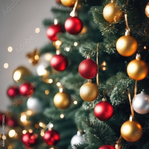 Close-UP of Christmas Tree  Red and Golden Ornaments against a Defocused Lights Background