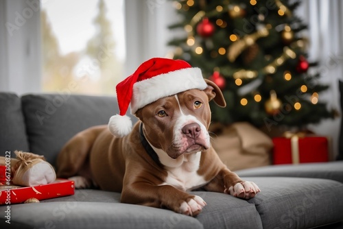 A playful pitbull dog, adorned with a whimsical Santa hat, romps on a cozy sofa in the heart of a lovingly decorated living room surrounded by children © Anisgott