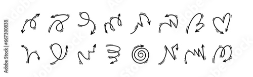 Doodle cute line arrow set. Misdirection motion expression. Cartoon manga icons. Curve, spiral, twist, bounce, tornado, loop illustration in anime Japanese style.
