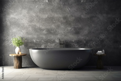 3D granite podium with adorned bathtub against ceramic tile wall. Realistic rendering for product advertising. Interior illustration. Generative AI