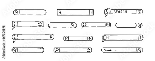 Doodle search bar set. Hand drawn internet information find. Website browser box sketch. Magnifying glass button. Computer interface