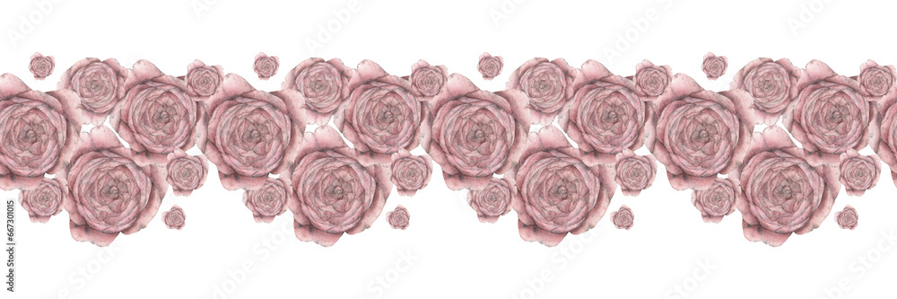 Seamless border, banner of pink roses of different sizes on a white background. Watercolor illustration. Template for packaging design, postcards, invitations, web design, wallpaper, printing Seamless border, banner of pink roses of different sizes on a white background. Watercolor illustration. Template for packaging design, postcards, invitations, web design, wallpaper, printing