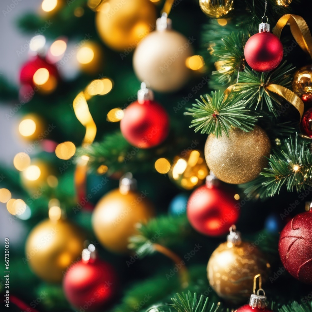 Fototapeta premium Close-UP of Christmas Tree, Red and Golden Ornaments against a Defocused Lights Background