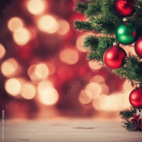 Close-UP of Christmas Tree, Red and Green Ornaments against a Defocused Lights Background