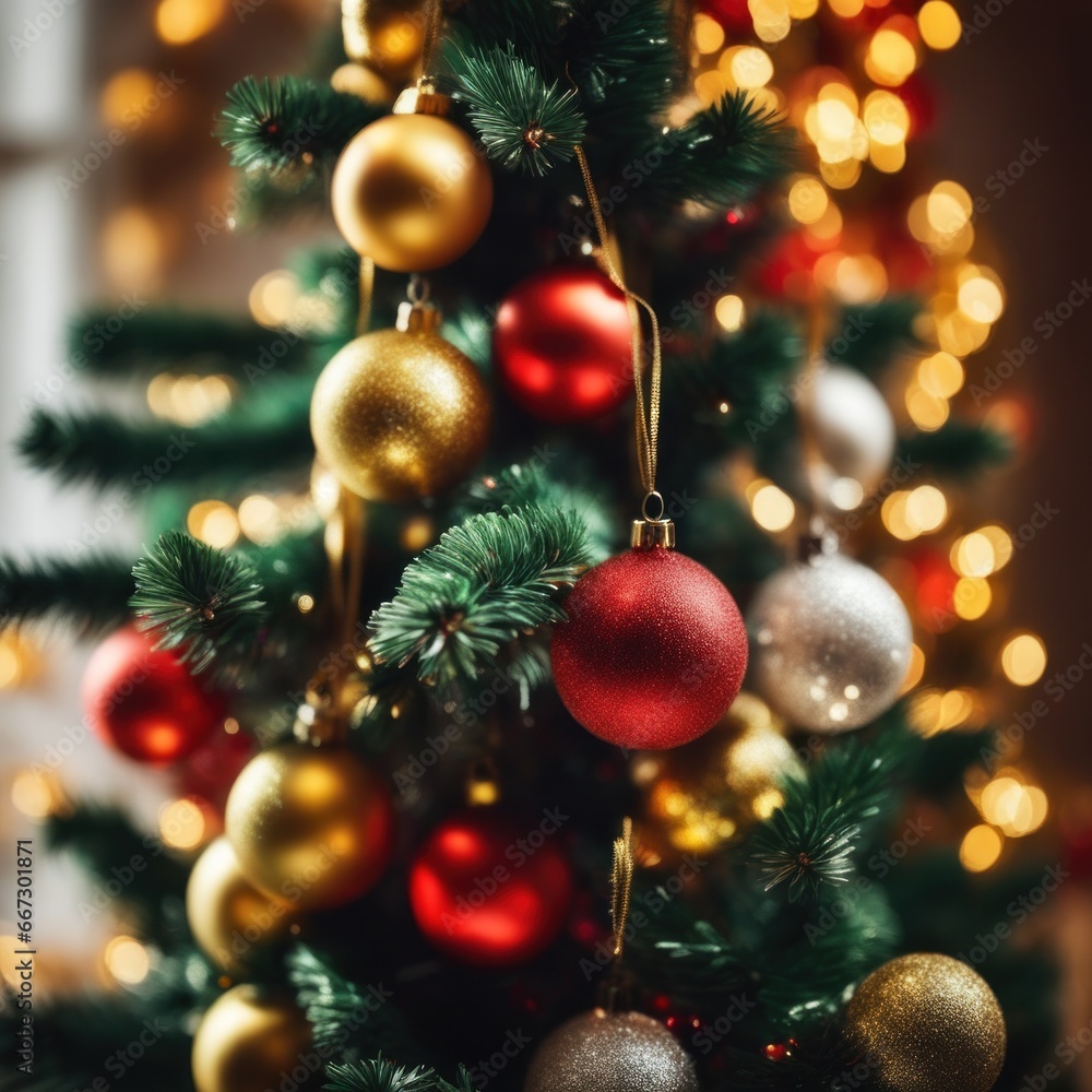 Close-UP of Christmas Tree, Red and Golden Ornaments against a Defocused Lights Background Close-UP of Christmas Tree, Red and Golden Ornaments against a Defocused Lights Background