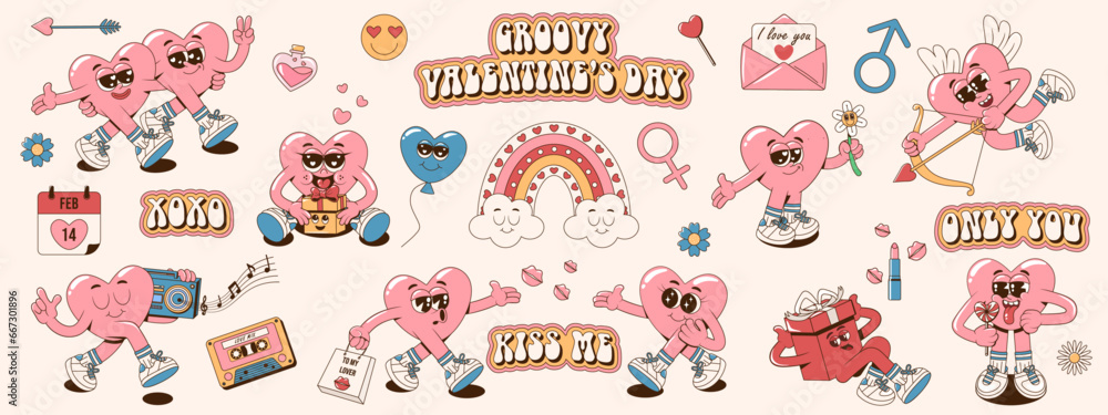 Collection of retro groovy hippie lovely hearts characters. Cartoon romantic 60s, 70s vintage Happy Valentine's day stickers, stamps or patches. Vector illustration in pink, blue and yellow colors.