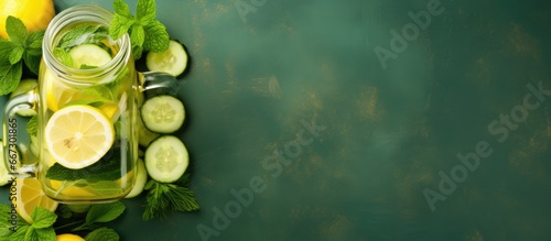 Concept of health care and nutrition infused water cocktail detox drink lemonade in a jar Background with open space and top view
