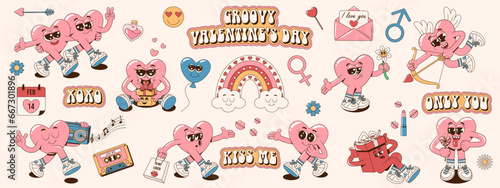 Collection of retro groovy hippie lovely hearts characters. Cartoon romantic 60s, 70s vintage Happy Valentine's day stickers, stamps or patches. Vector illustration in pink, blue and yellow colors.