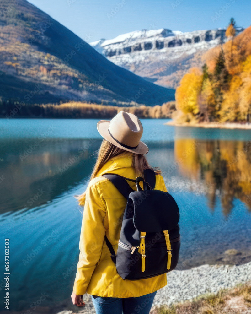 Rear View Of A Stylish Girl, With A Backpack, A Hat And A Yellow Jacket, Looking At The View Of The Mountains And The Lake While Relaxing In The Autumn Nature. Rear View Of A Stylish Girl, With A Backpack, A Hat And A Yellow Jacket, Looking At The View Of The Mountains And The Lake While Relaxing In The Autumn Nature.