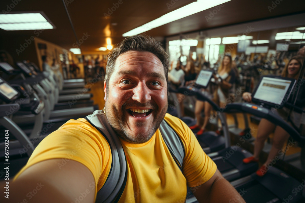 Obese overweight happy man with belly taking selfie at gym club, fitness center before the training. Active lifestyle, loosing weigh by cardiot, getting fit, fitness, healthy habits concept. Obese overweight happy man with belly taking selfie at gym club, fitness center before the training. Active lifestyle, loosing weigh by cardiot, getting fit, fitness, healthy habits concept.