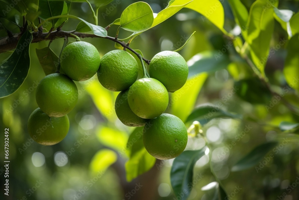 A lime tree with green organic citrus limes hanging, a rich source of vitamin C. Generative AI