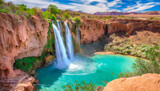 a view of havasu falls from the hillside above the falls the turquoise colored water flowing in to the pool below is surreal and one of a kind in the desert of arizona