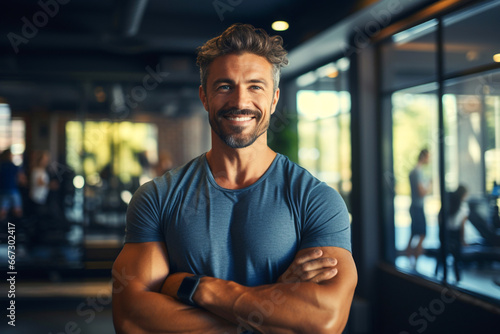 Smiling male personal trainer pink t shirt portrait of smiling at camera in gym. Happy man fitness coach standing in modern sport club interior. Active sport life getting fit healthy lifestyle concept photo
