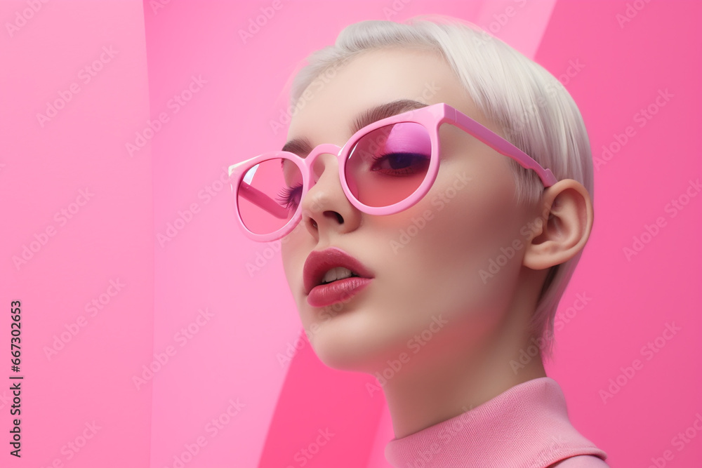 Pretty short hair cut young woman on the pink background. Generative AI Pretty short hair cut young woman on the pink background. Generative AI