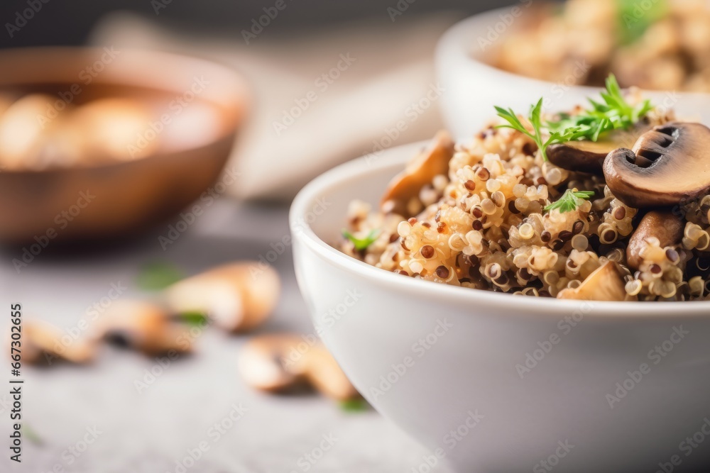 Portion of quinoa cooked with mushrooms, kitchen table. Generative AI Portion of quinoa cooked with mushrooms, kitchen table. Generative AI