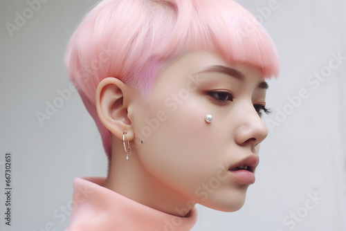 Teen short cut hair girl with face piercing. Generative AI