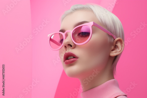 Pretty short hair cut young woman on the pink background. Generative AI