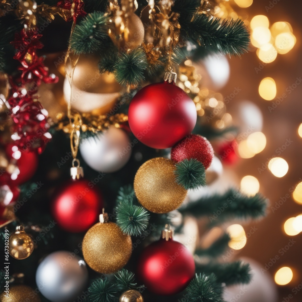 Close-UP of Christmas Tree, Red and Golden Ornaments against a Defocused Lights Background