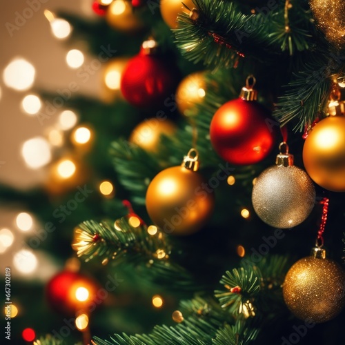 Close-UP of Christmas Tree  Red and Golden Ornaments against a Defocused Lights Background