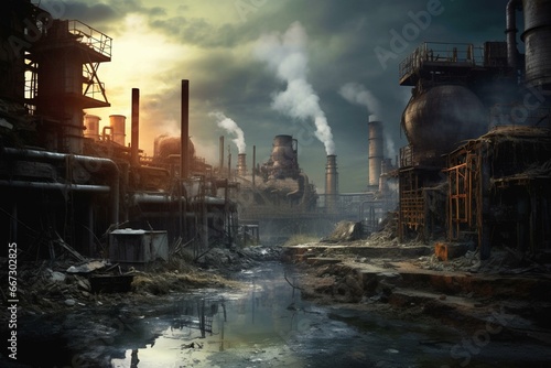 City ruins depicting industrial pollution in a dystopian landscape. Generative AI
