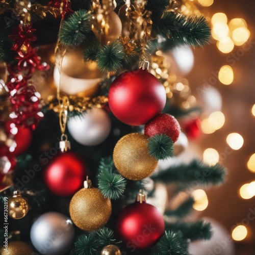 Close-UP of Christmas Tree, Red and Golden Ornaments against a Defocused Lights Background © shaadjutt36