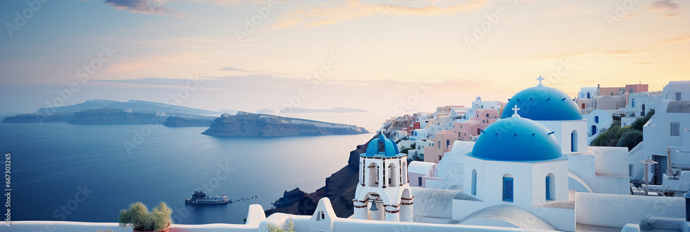 A rooftop in Santorini, Greece, white buildings with blue domes, overlooking the sea, sundown colors - obrazy, fototapety, plakaty 