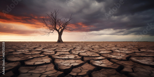 A lone tree with no leaves, standing in a field of cracked earth, ominous clouds in the sky, moody lighting