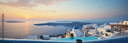 A rooftop in Santorini, Greece, white buildings with blue domes, overlooking the sea, sundown colors