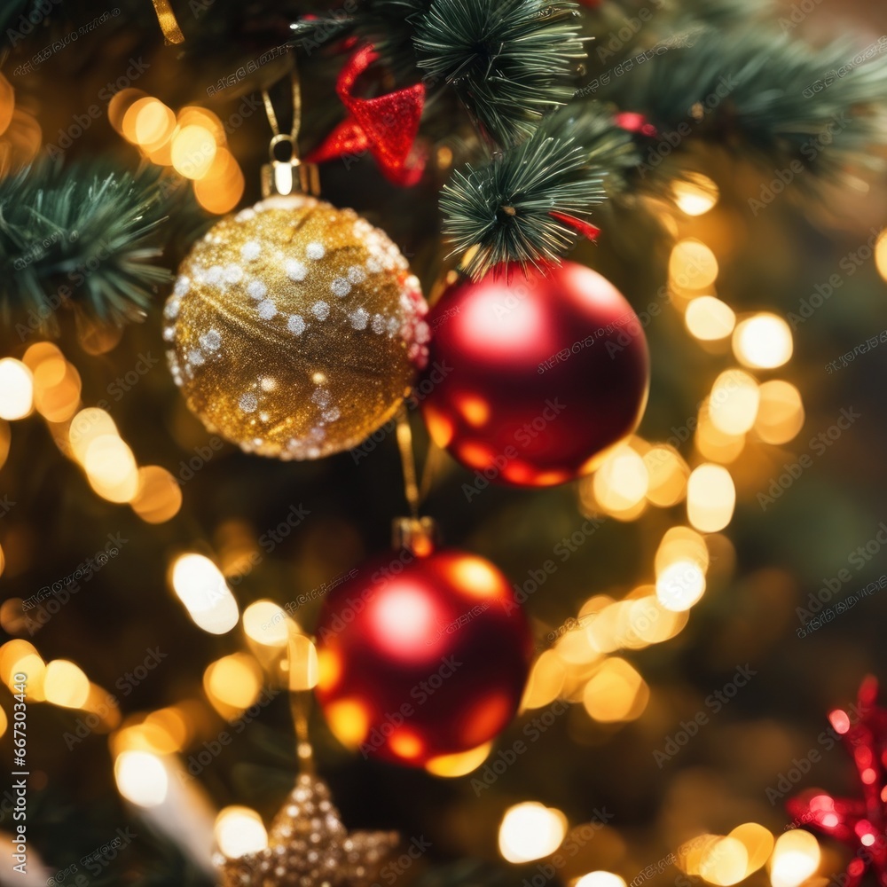 Close-UP of Christmas Tree, Red and Golden Ornaments against a Defocused Lights Background Close-UP of Christmas Tree, Red and Golden Ornaments against a Defocused Lights Background