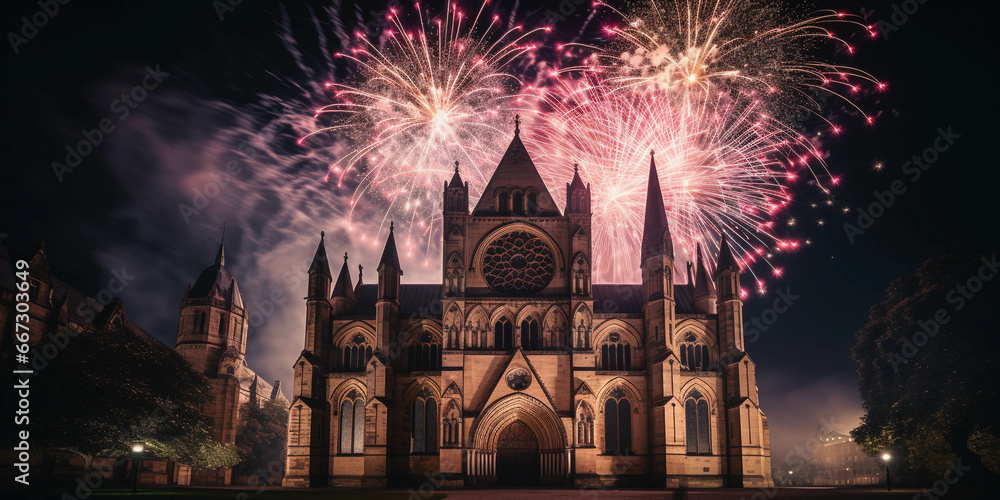 Fireworks behind an old cathedral, historical setting, stone architecture lit up by the colorful bursts, ethereal atmosphere