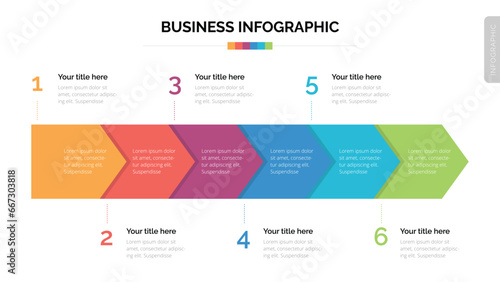 Business infographic with six steps. Suitable For Presentation Template With 16x9 Aspect Ratio