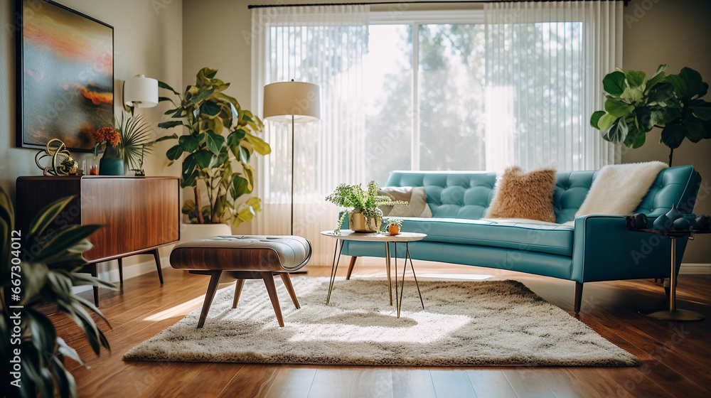 Mid - century modern living room, Eames chair, walnut coffee table, teal accents, boho rug, large potted plants, natural sunlight through sheer curtains