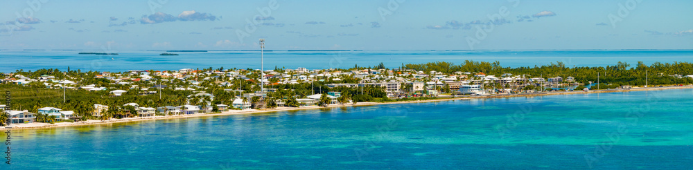 Aerial panorama Florida Keys waterfront luxury homes and vacation rentals