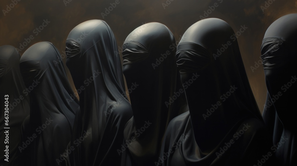 A group of women wearing black clothes and hijab. Generative AI.