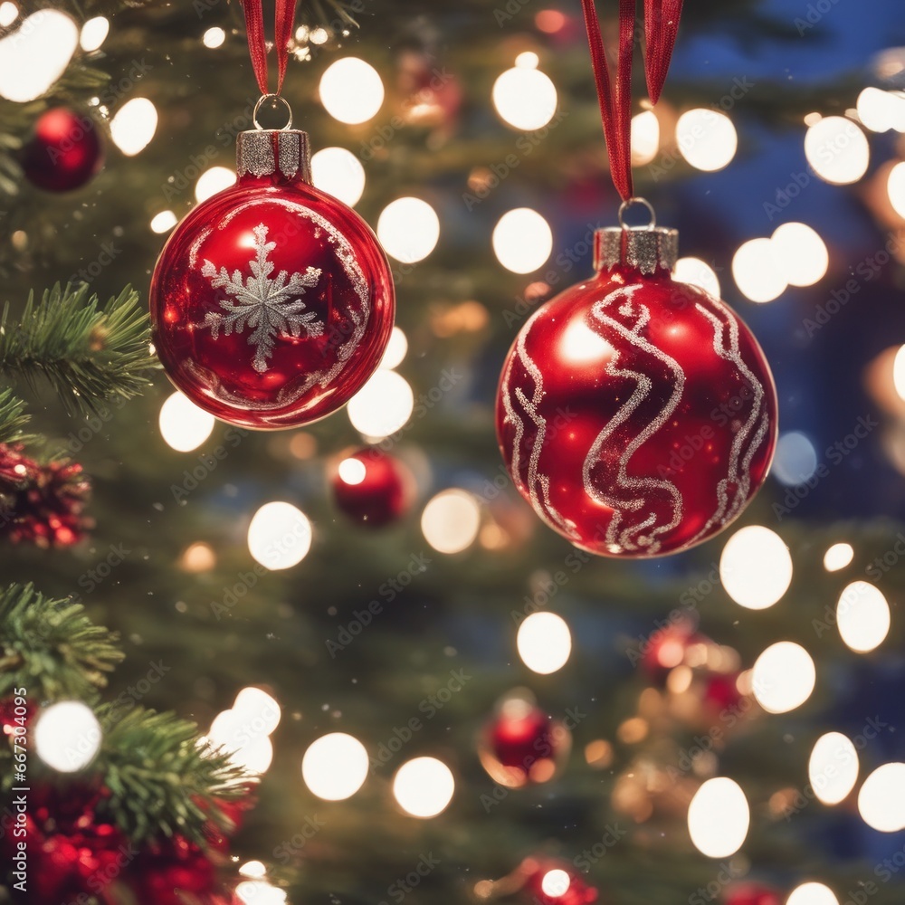Close-UP of Christmas Tree, Red Ornaments against a Defocused Lights Background