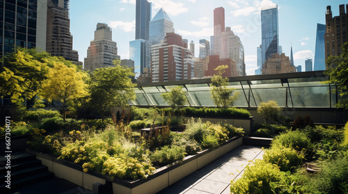 New York City rooftop garden, eco - friendly design, solar panels, green vegetation, concrete jungle in background