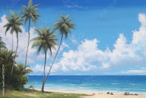 Beach painting with palm trees  ocean  blue sky  white clouds. Generative AI