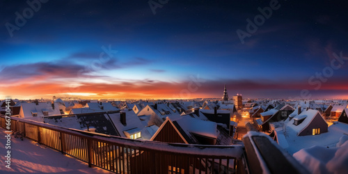 Snow - covered rooftops in a Scandinavian town, Northern Lights visible in the sky, warm lights glowing from windows