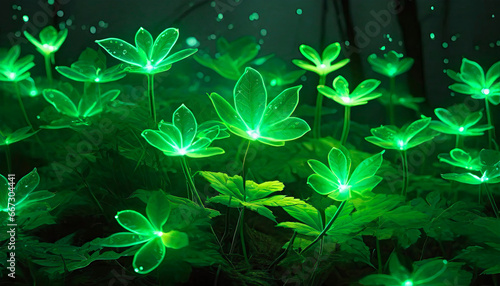 Science fiction, abstract illustration of plants emitting light. Genetically modified plants glowing with the help of luciferin and bioluminescence. 