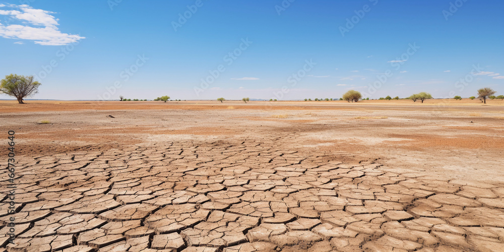 Fototapeta premium Vast expanse of cracked earth, tufts of brown grass scattered sporadically, vivid textures, extreme detail
