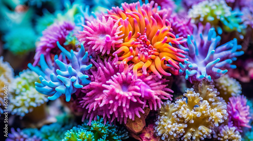 closeup of a coral reef tank with strong focus on a variety of coral species, from Zoanthids to Acropora, in vibrant pinks, greens and blues