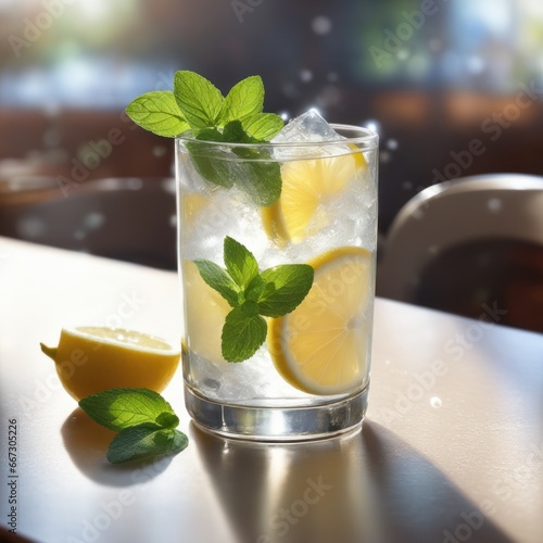 Homemade refreshing lemonade with lemon slice, mint leaves and ice cubes in a glass with kitchen blurred background, photo