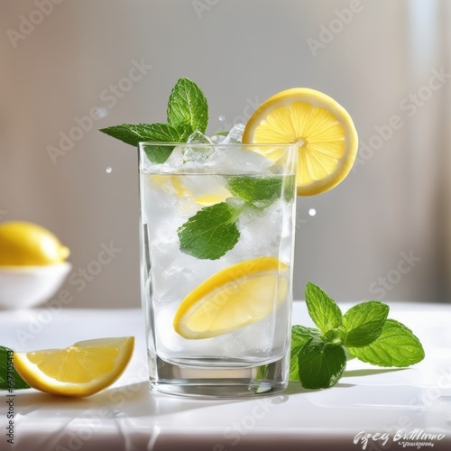 Homemade refreshing lemonade with lemon slice, mint leaves and ice cubes in a glass with kitchen blurred background, photo