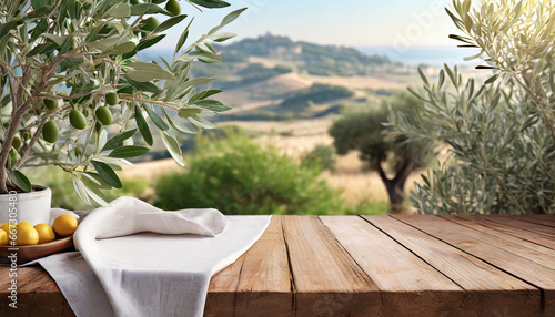 natural wooden table and organic cloth with olive tree plant product placement mockup design background outdoor tropical summer scene with rustic vintage countertop display © Marsha