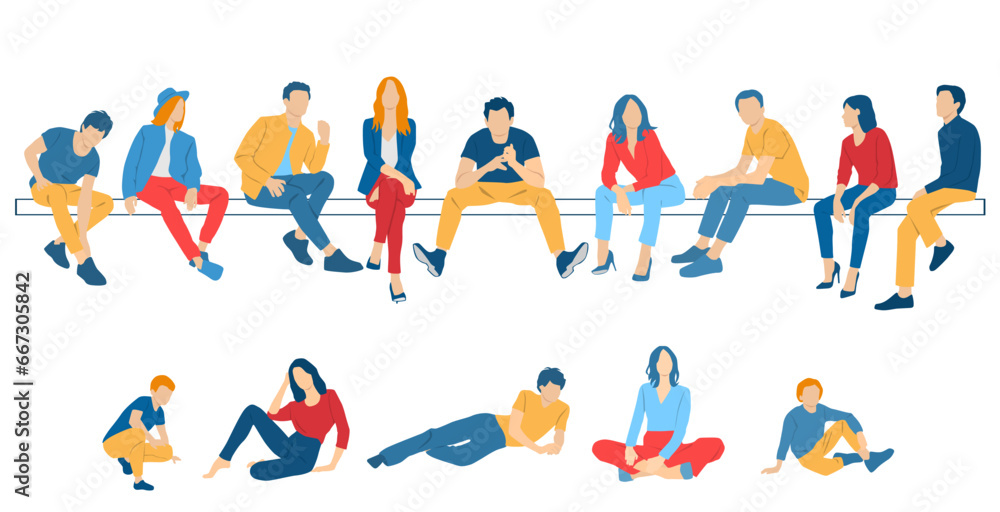 Men, women, teenagers and child sitting on a bench, different colors, cartoon character, group  silhouettes of business people, students, design concept of flat icon, isolated on white background