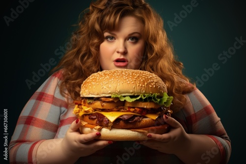 Overweight problem, poor diet, calorie-laden food, fast food cheeseburger burger, fat woman, obese persona, high calorie quick food, motivation to eat righ, fatty foods, dieting, new life.