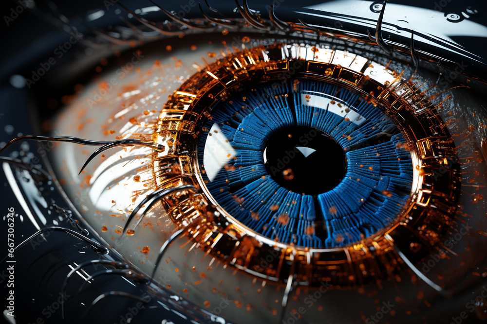 Obraz premium Futuristic robotic human cyber electronic scanning eye digital vision concept. Programmed сlose up metal cyber electronic eye surveillance security with lights glares laser circuit, high technologies