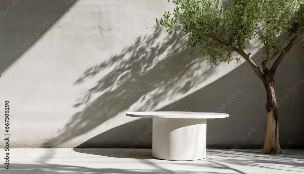 white concrete empty table organic curtain and olive tree shadow on cement wall summer exterior scene for product placement mockup neutral minimal aesthetic