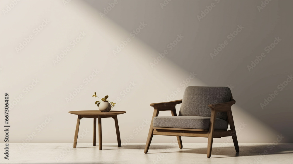 A chair and coffee table with simple decoration against a plain color wall. Copy space setting out and minimalist style, A chair and coffee table with simple decoration against a plain color wall. Copy space setting out and minimalist style,