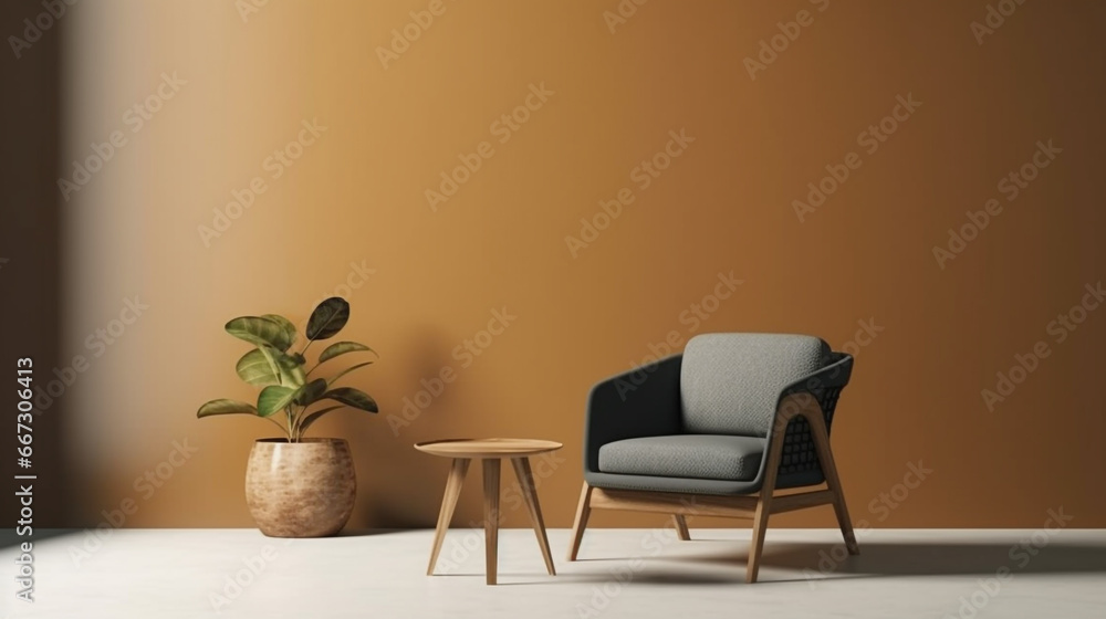 Fototapeta premium A chair and coffee table with simple decoration against a plain color wall. Copy space setting out and minimalist style,
